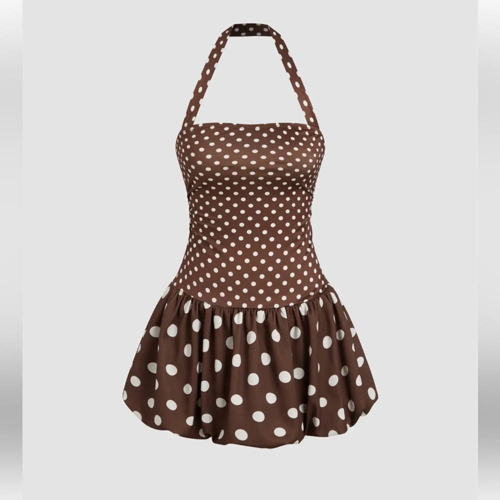 Cider Brown Halter Polka Dot Dress